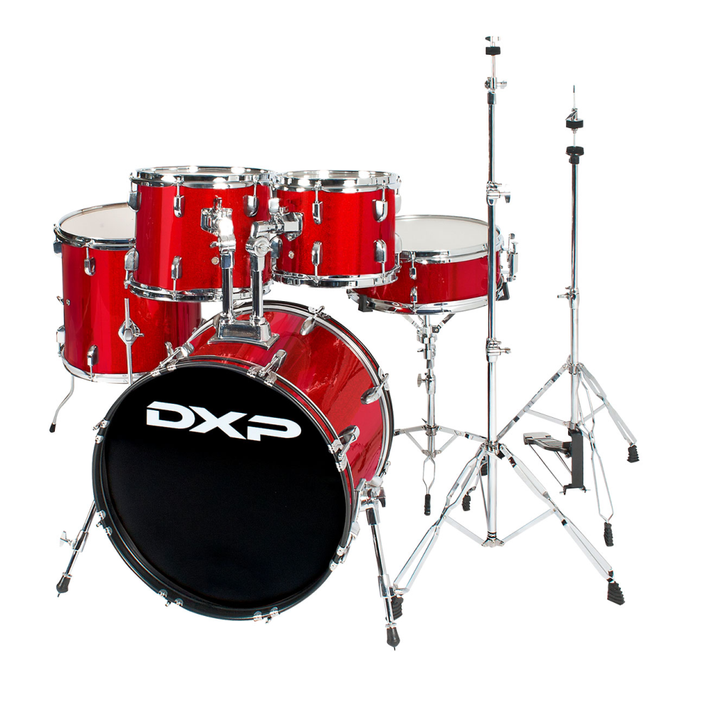 DXP Fusion 20 Series drum kit in Candy Apple Sparkle with 5-piece set, includes bass, snare, toms, and cymbals, ready to play