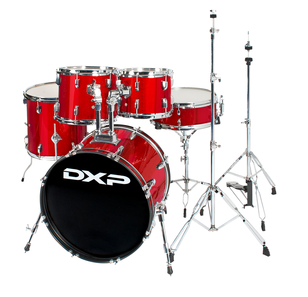 DXP Fusion 20 Series 5-piece drum kit in Candy Apple Sparkle with 20, 10, 12, 14, and 14S drums, showcasing vibrant finish and hardware.