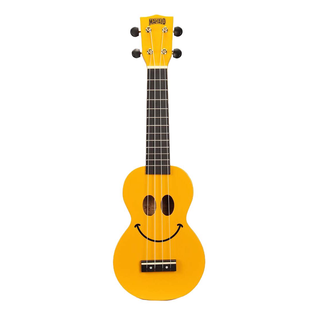 Bright yellow Mahalo Art Series Smiley Face ukulele with cheerful design, perfect for beginners and musical fun.