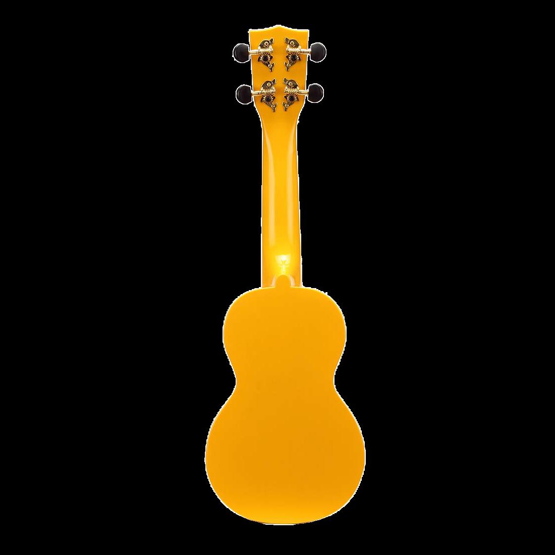 Yellow Mahalo Art Series Smiley Face ukulele with cheerful design, shown in a close-up image highlighting its vibrant color and playful details.