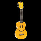 Yellow Mahalo Art Series Smiley Face Ukulele with cheerful design, perfect for beginners and music enthusiasts.