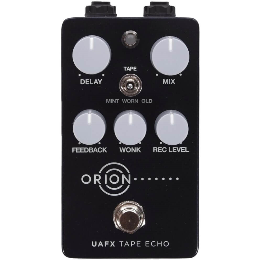 Universal Audio UAFX Orion Tape Echo guitar effects pedal with vintage tape delay controls and sleek black design.