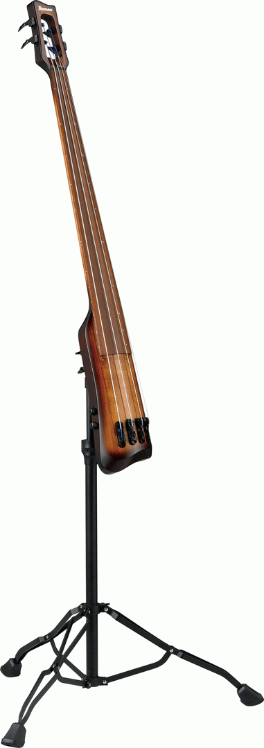 Ibanez UB804 upright fretless bass guitar in mahogany oil burst finish, showcasing its sleek body and fingerboard detail.