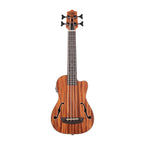 Kala U-Bass Journeyman acoustic-electric ukulele in natural wood finish, showing the compact body and fretboard.