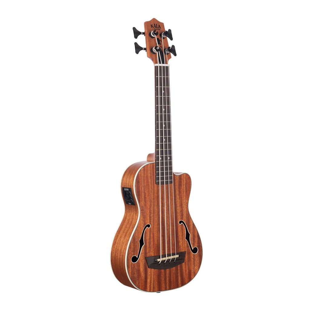 Kala U-Bass Journeyman acoustic-electric ukulele in natural finish, showing the compact, rounded body and fretboard details.