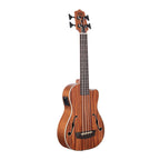 Kala U-Bass Journeyman acoustic-electric ukulele in natural finish, showing the compact, rounded body and fretboard details.