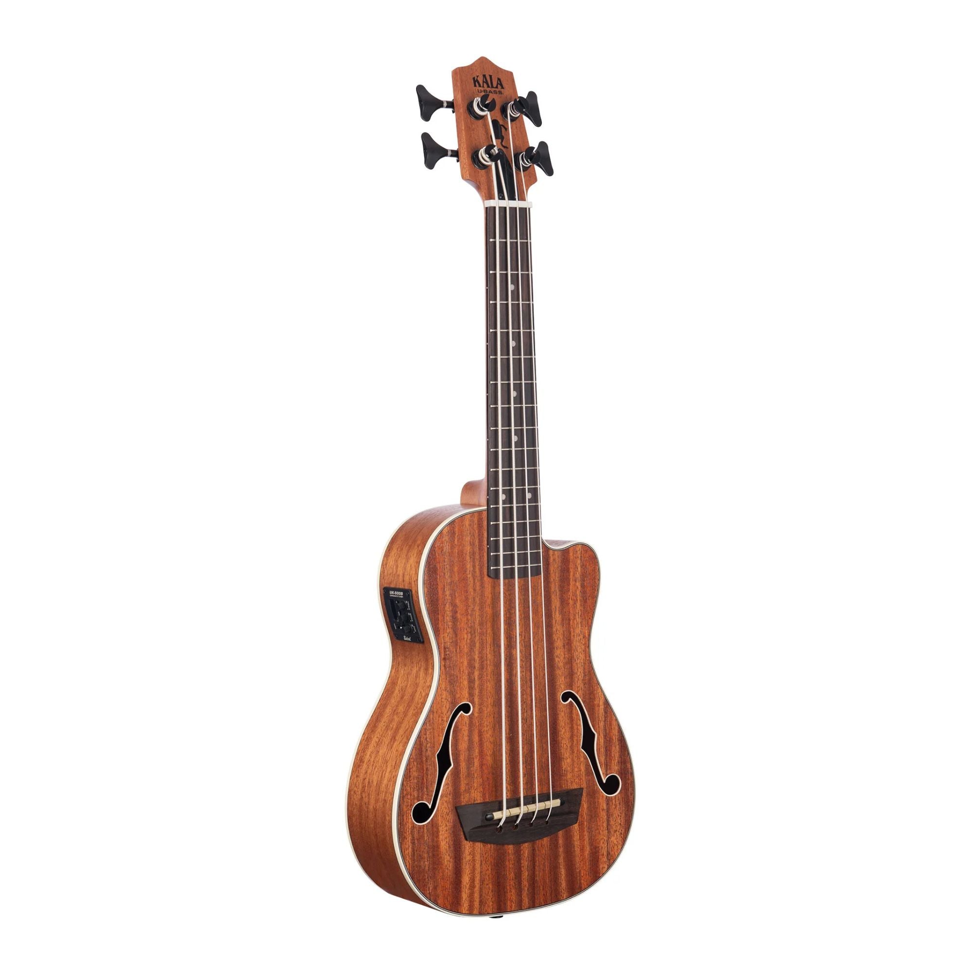 Kala U-Bass Journeyman acoustic-electric ukulele in natural finish, showing the compact, rounded body and fretboard details.