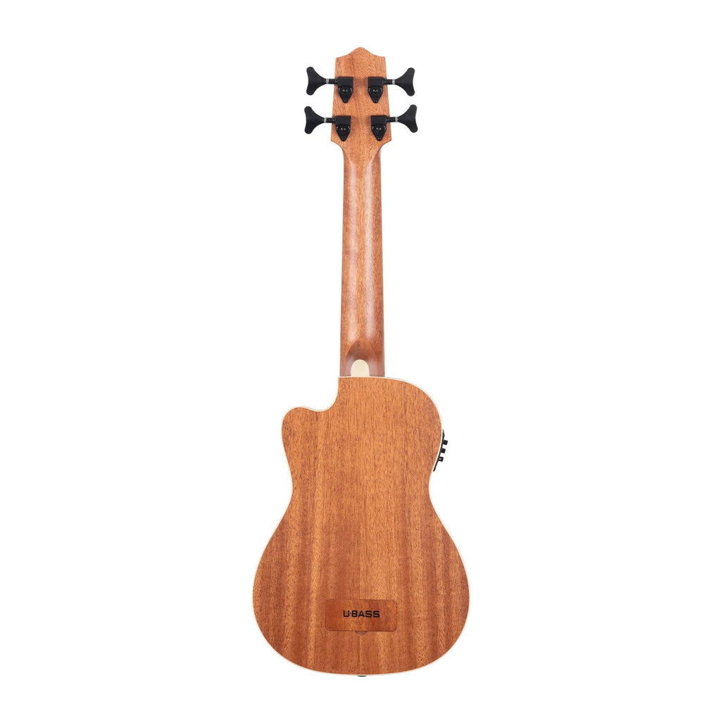 Kala U-Bass Journeyman acoustic-electric ukulele in natural finish, showing the compact body and fretboard detail.