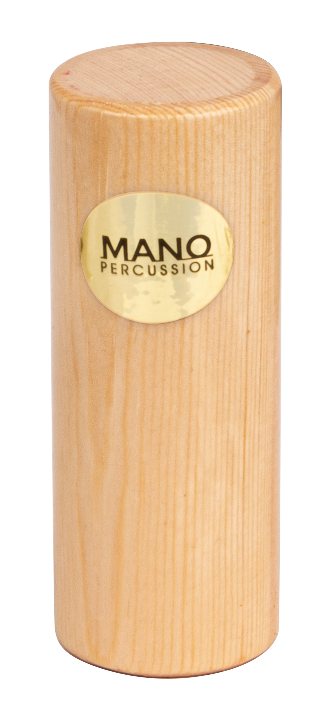 Mano Percussion Wooden Cylinder Shaker in natural finish, 4-inch hand percussion instrument with textured wooden surface.