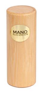 Mano Percussion Wooden Cylinder Shaker in natural finish, 4-inch hand percussion instrument with textured wooden surface.