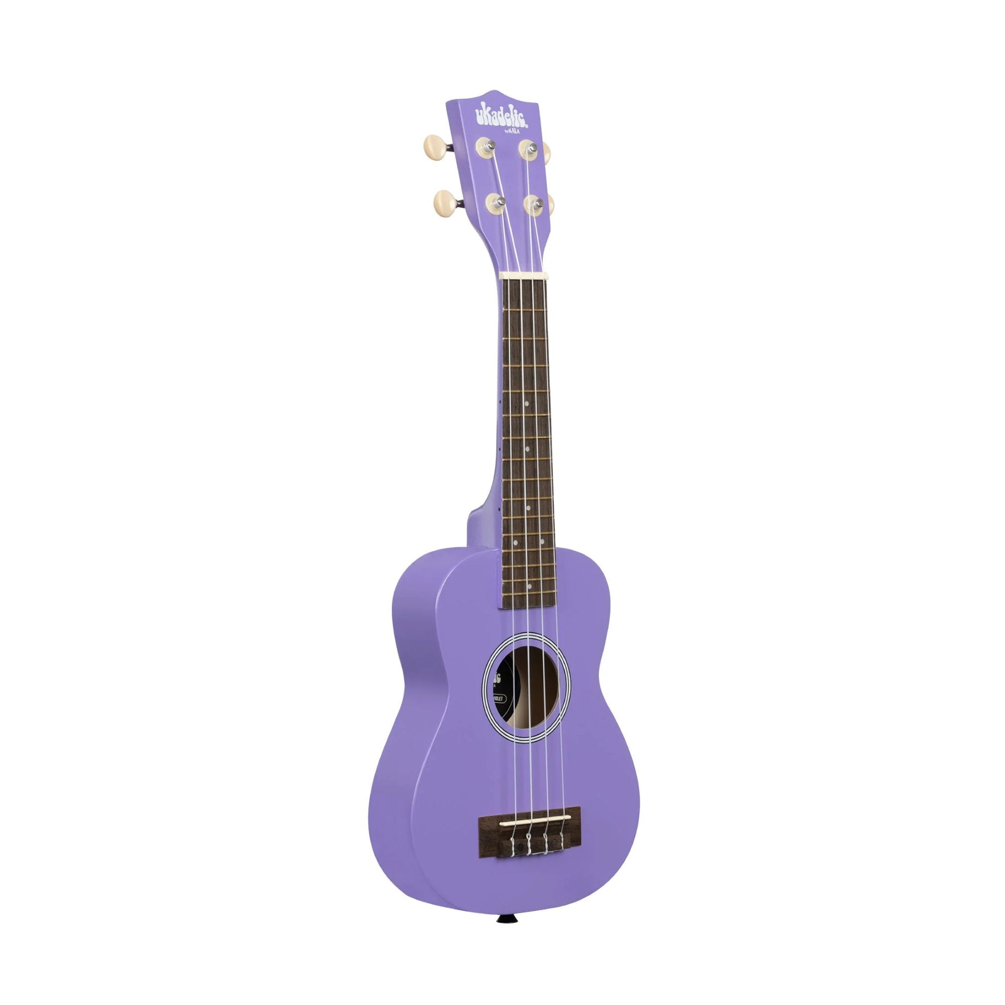 Kala Ukadelic Soprano Ukulele in ultraviolet finish, showcasing the colorful, compact ukulele with a smooth body and traditional tuning pegs.