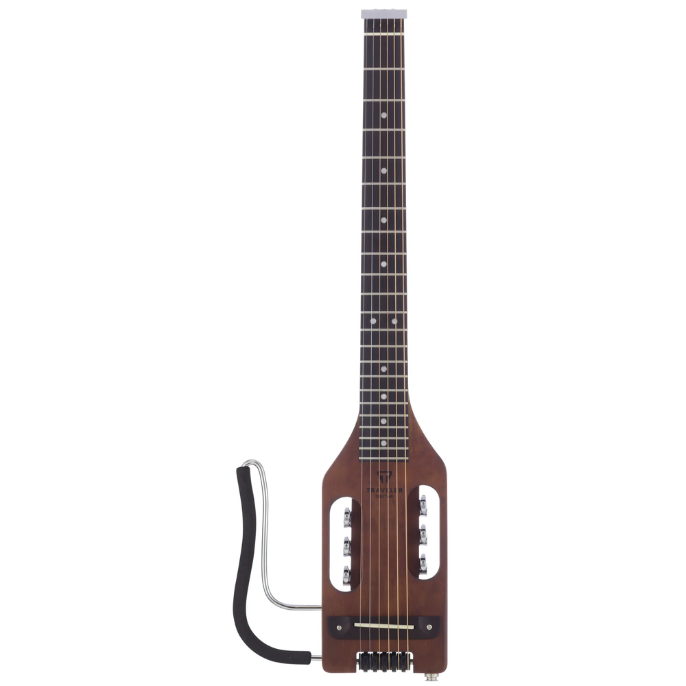 Left-handed Traveler Guitar Ultra-Light Acoustic Guitar in antique brown, showing its compact body and natural wood finish.