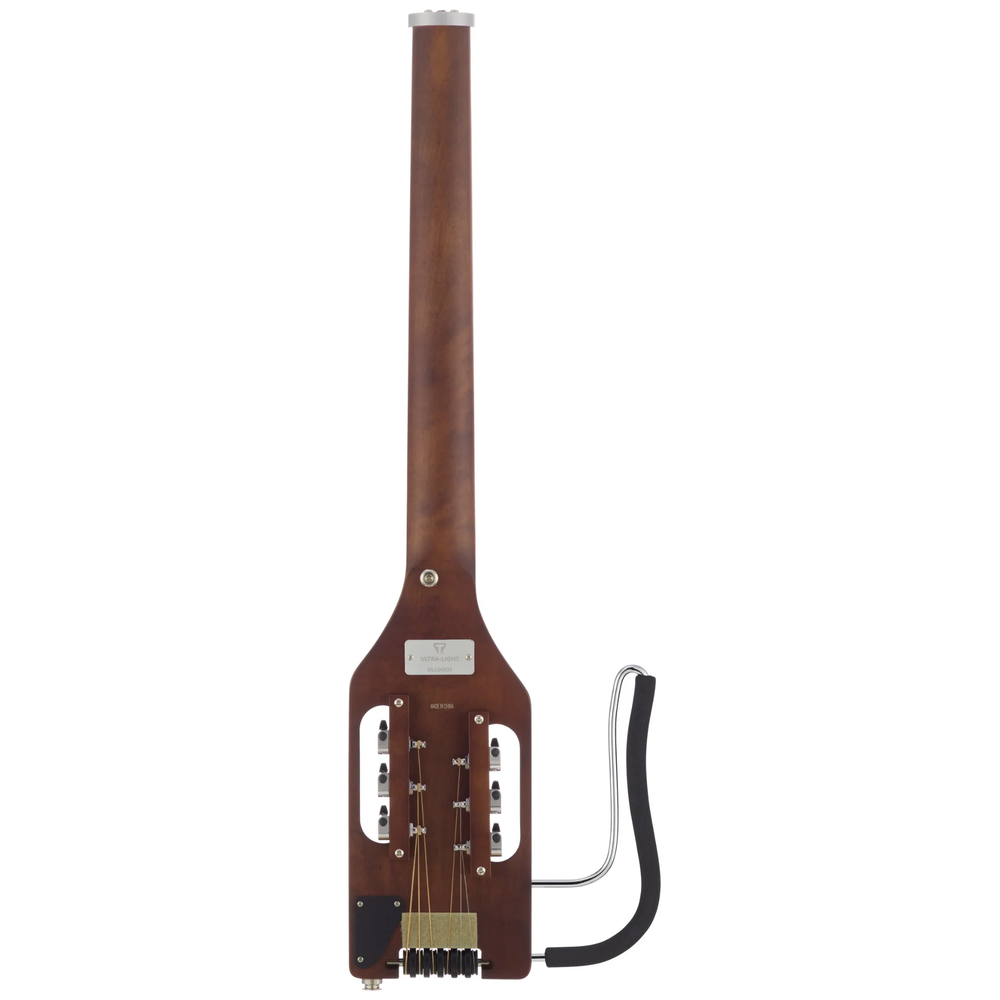 Left-handed Traveller Guitar Ultra-Light Acoustic Guitar in antique brown with a compact body and six strings, ideal for travel and practice.