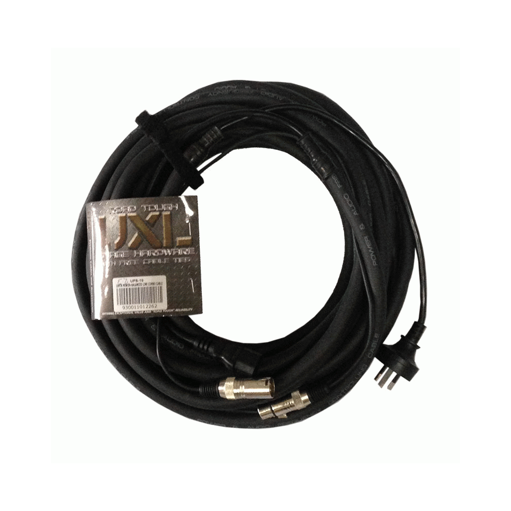 UXL UPS-10 AC power supply and balanced line combo cable, 10 meters, for professional audio and PA system connections.