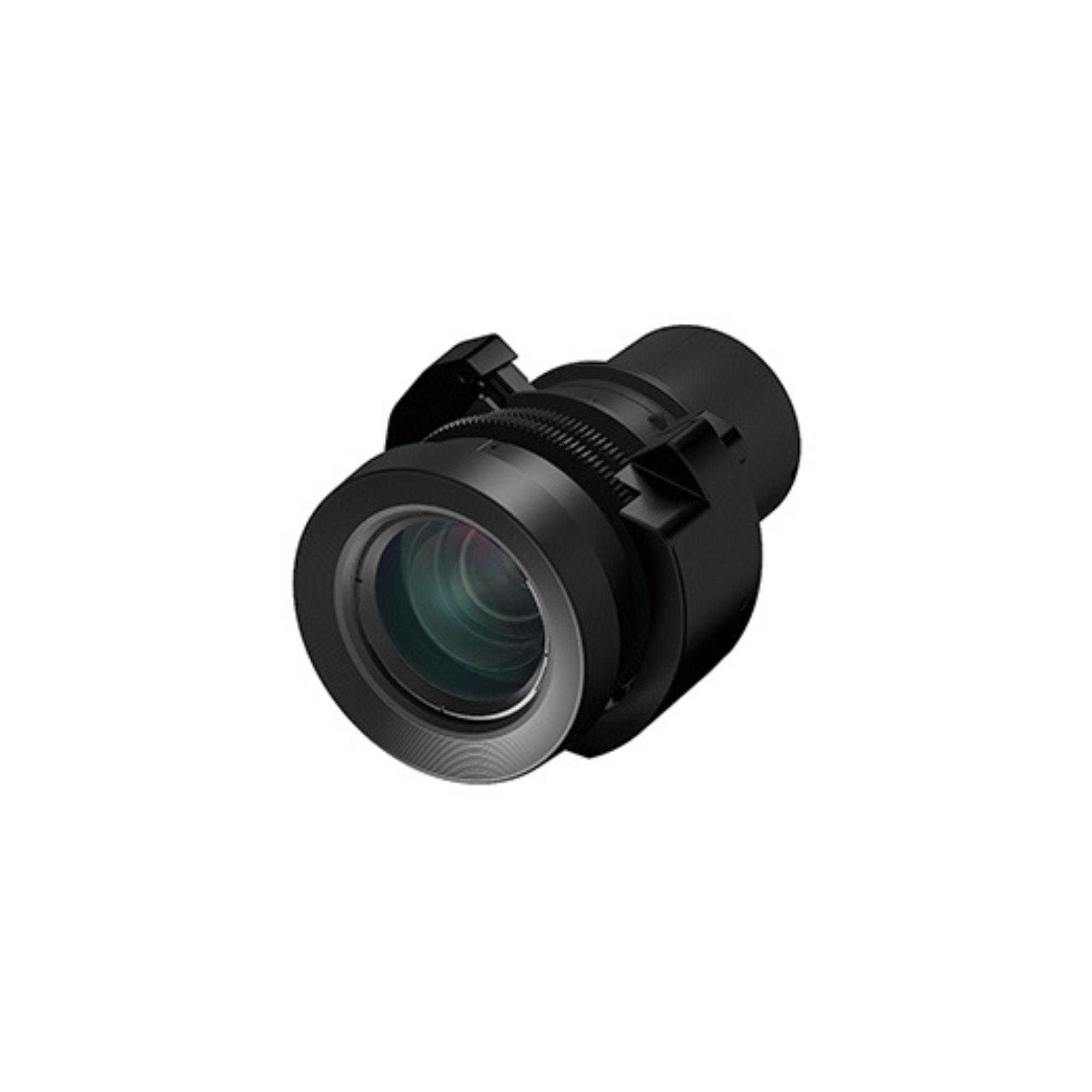 Epson ELPLM08 middle throw zoom lens for staging equipment, shown mounted on a projector in a professional setup