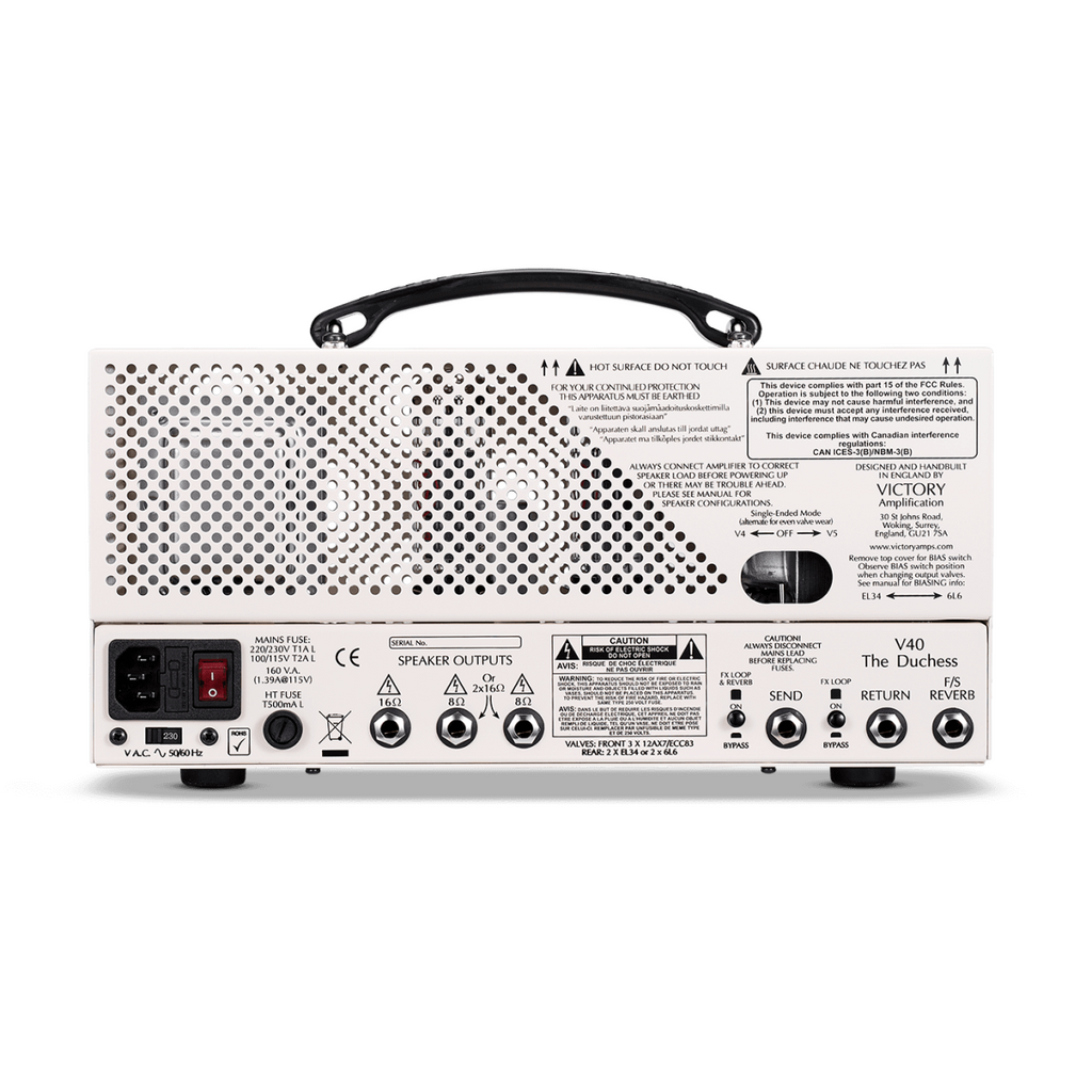 Victory Duchess 40-watt lunchbox guitar amplifier head, compact metal casing with control knobs and input jack, black finish.
