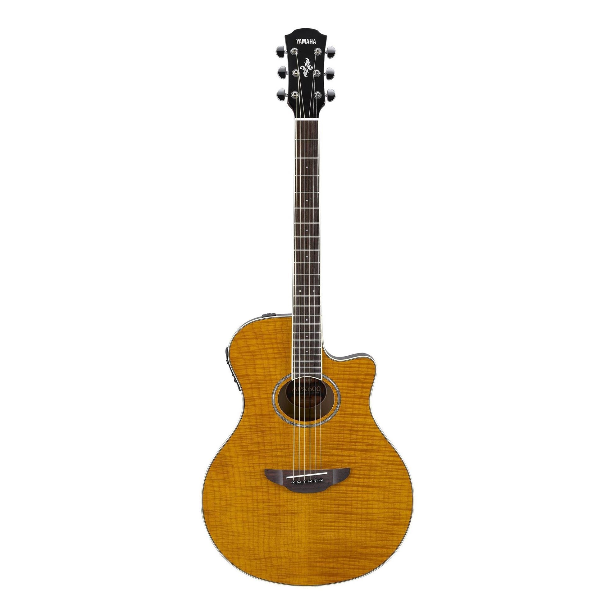 Yamaha APX600 thinline acoustic guitar with pickup, flamed maple top in natural finish, showing the body and neck details.