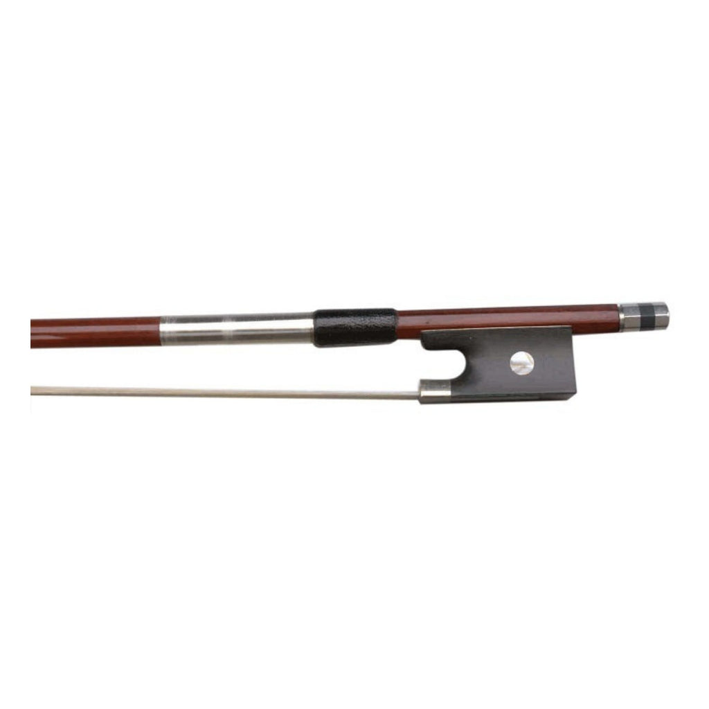 Wooden 1/4 violin bow by AMS with a smooth hardwood stick and traditional grip, suitable for young string musicians.