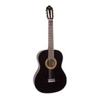 Black Valencia VC101BK 1/4 size classical guitar in a package, showing the full body and neck with tuning pegs visible.