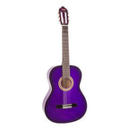 Valencia VC101PPS 1/4 size classical guitar in purple sunburst finish, with a traditional wooden body and nylon strings.