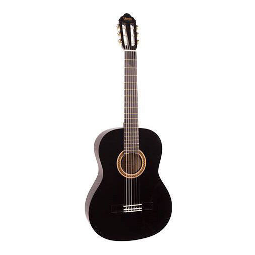 Valencia VC102BK 1/2 size classical guitar in black with nylon strings, suitable for beginners and young players.