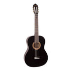 Valencia VC102BK 1/2 size classical guitar in black with nylon strings, suitable for beginners and young players.
