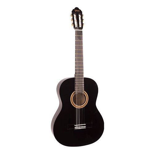Black Valencia VC103BK 3/4 size classical guitar in a package, showing the full body, neck, and strings.