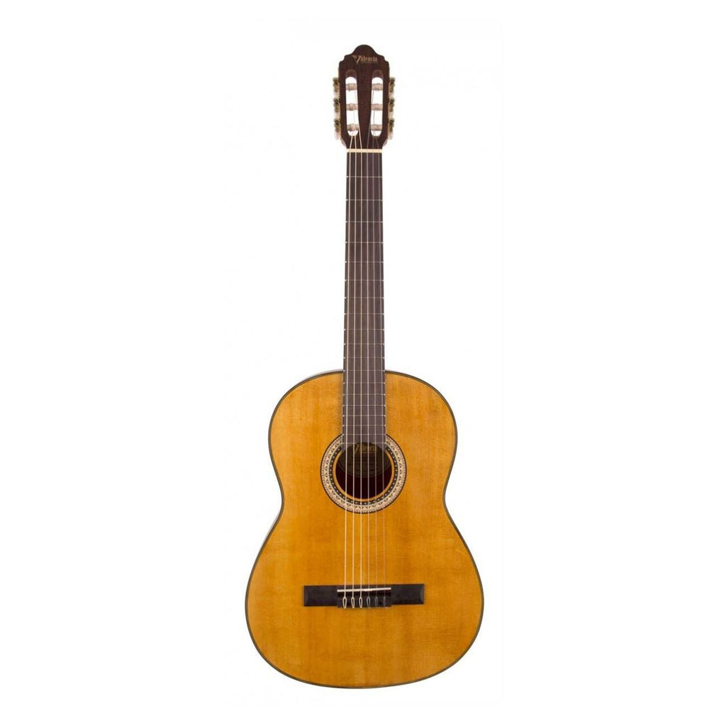 Left-handed Valencia VC103L 3/4 size classical guitar in natural finish, showing the body, neck, and strings.