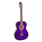 Valencia VC103PPS 3/4 size classical guitar in purple sunburst finish, showcasing the body, neck, and strings of the package.