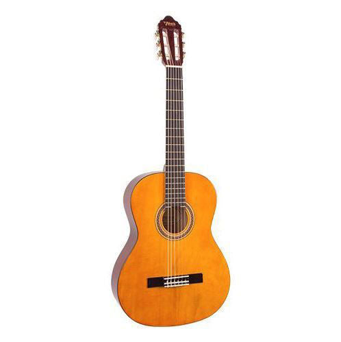Valencia VC104 4/4 size classical guitar with natural finish, showing the wooden body and traditional nylon strings.