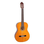 Valencia VC104 4/4 size classical guitar with natural finish, showing the wooden body and traditional nylon strings.