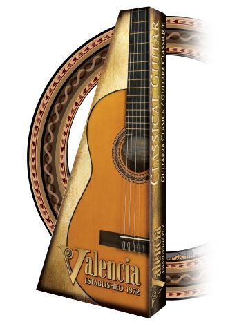 Valencia VC104 4/4 size classical guitar in natural finish with nylon strings and traditional design, shown in a close-up image.