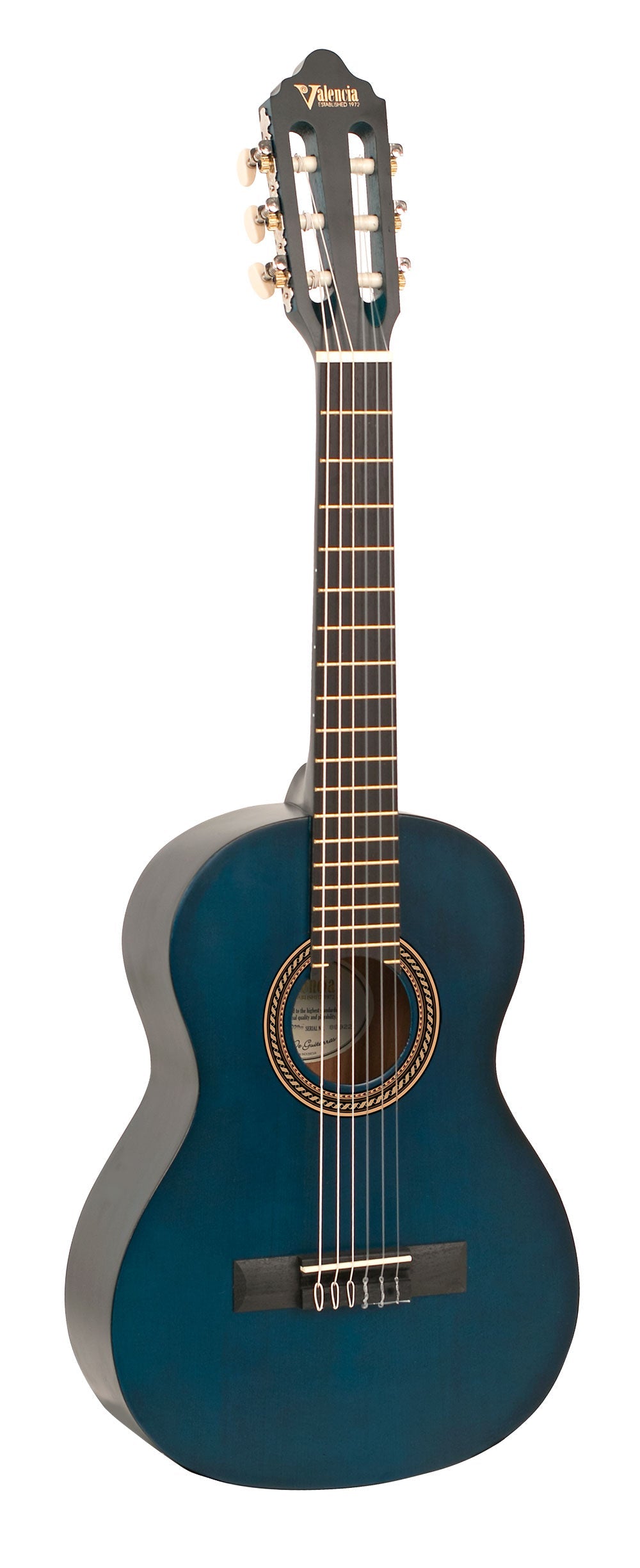 Valencia VC202TBU 1/2 Size Classical Guitar in Transparent Blue Satin