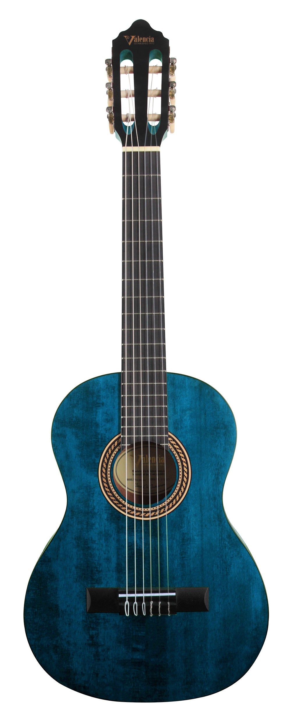 Valencia VC202TBU 1/2 Size Classical Guitar in Transparent Blue Satin