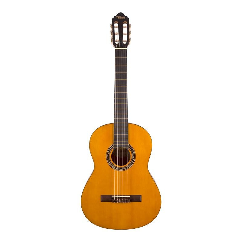 Valencia VC203 classical guitar in antique natural satin finish, showcasing its size and traditional design with nylon strings.