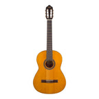 Valencia VC203 classical guitar in antique natural satin finish, showcasing its size and traditional design with nylon strings.