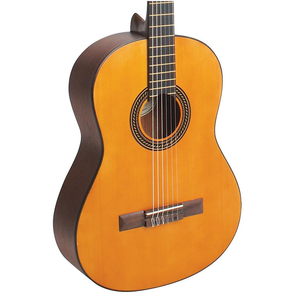 Valencia VC203 classical guitar in antique natural satin finish, featuring a traditional size and design with nylon strings.