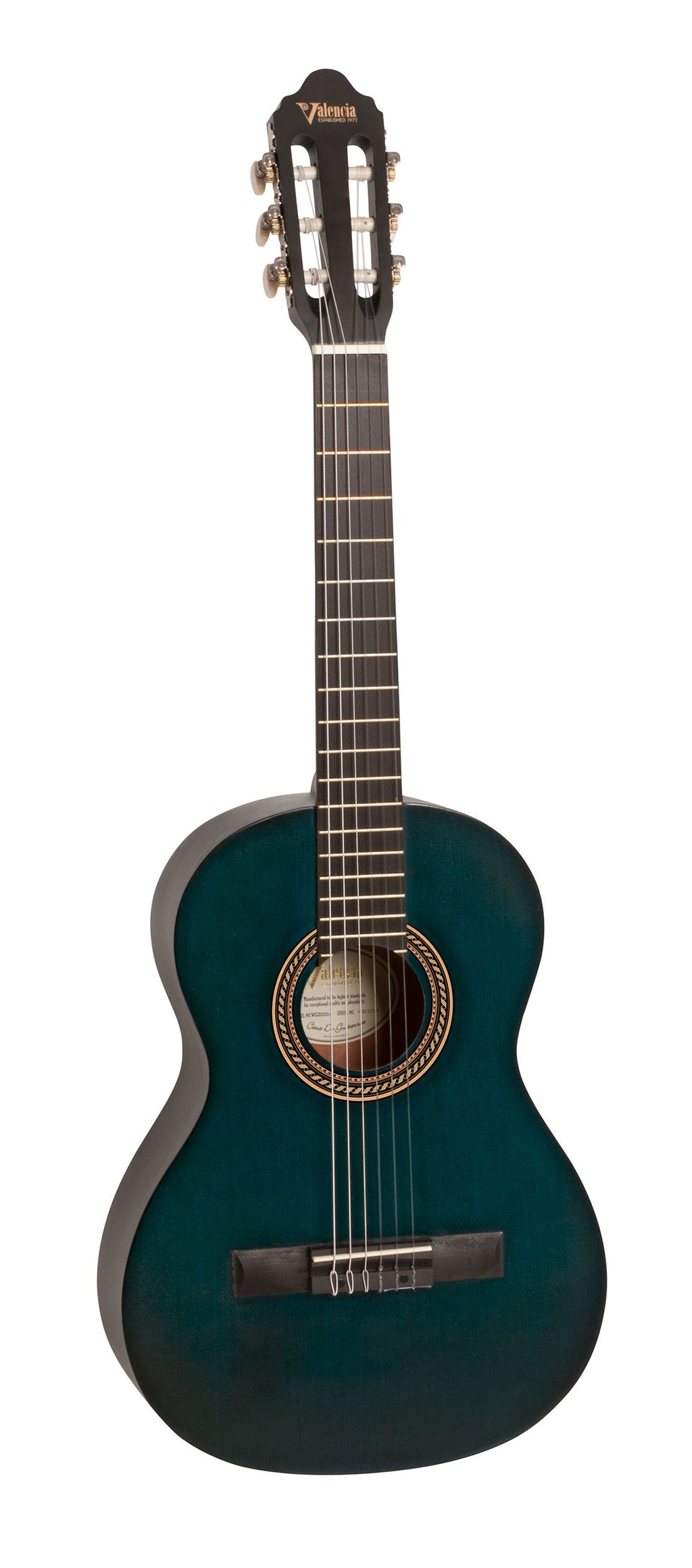 Valencia VC203TBU 3/4 Size Classical Guitar in Transparent Blue Satin
