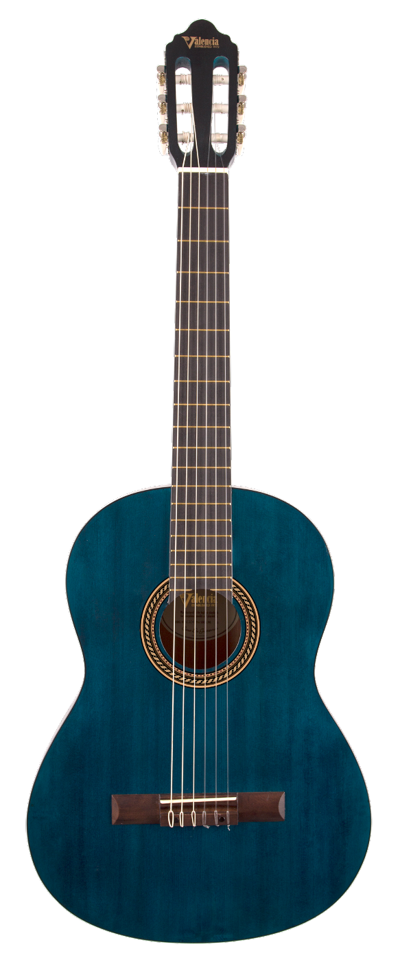 Valencia VC204TBU Full Size Classical Guitar in Transparent Blue Satin