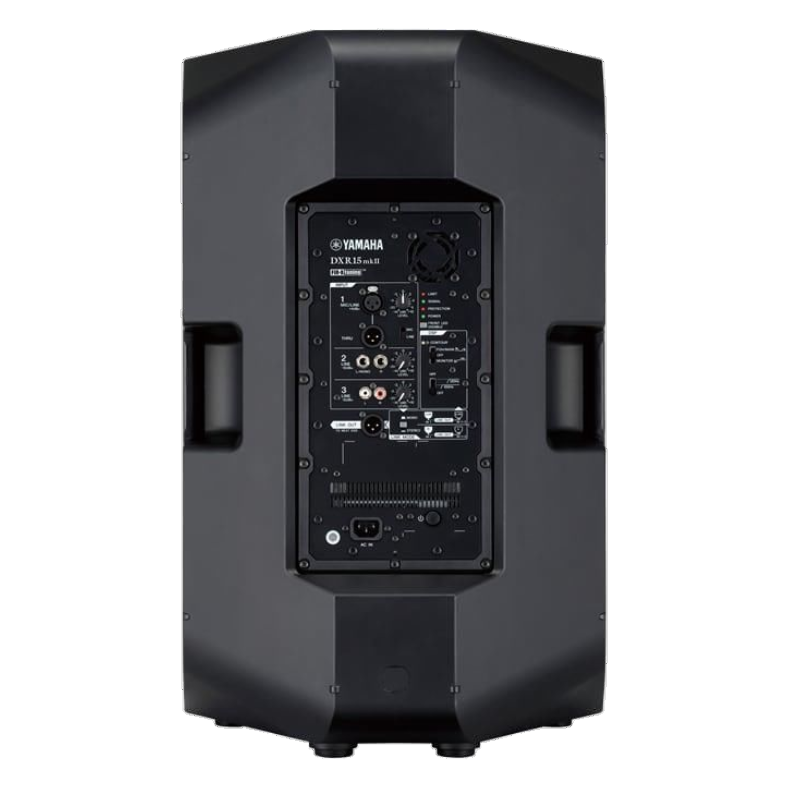 Yamaha DXR15 MKII powered PA speaker with black enclosure and speaker grille, designed for professional sound reinforcement.
