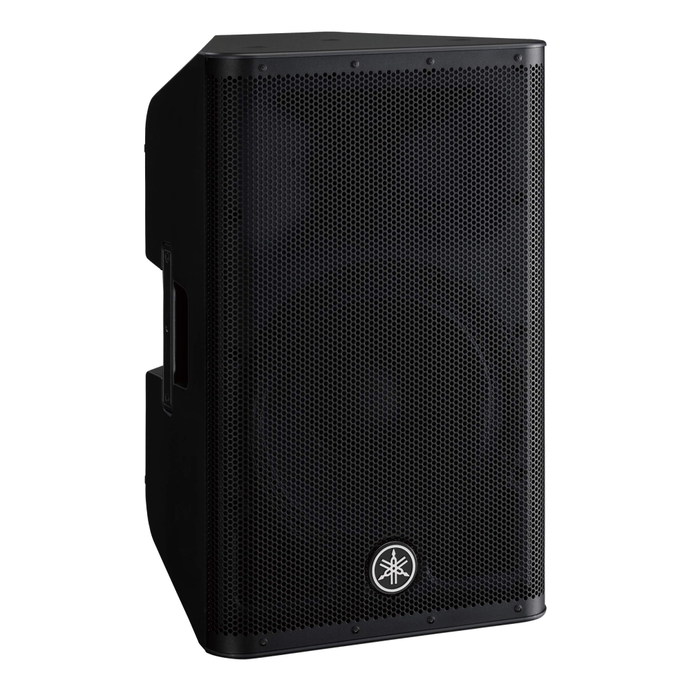 Yamaha DXR15 MKII powered PA speaker with a large black speaker cone and control panel on the top, designed for professional audio use.