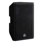 Yamaha DXR15 MKII powered PA speaker with a large black speaker cone and control panel on the top, designed for professional audio use.