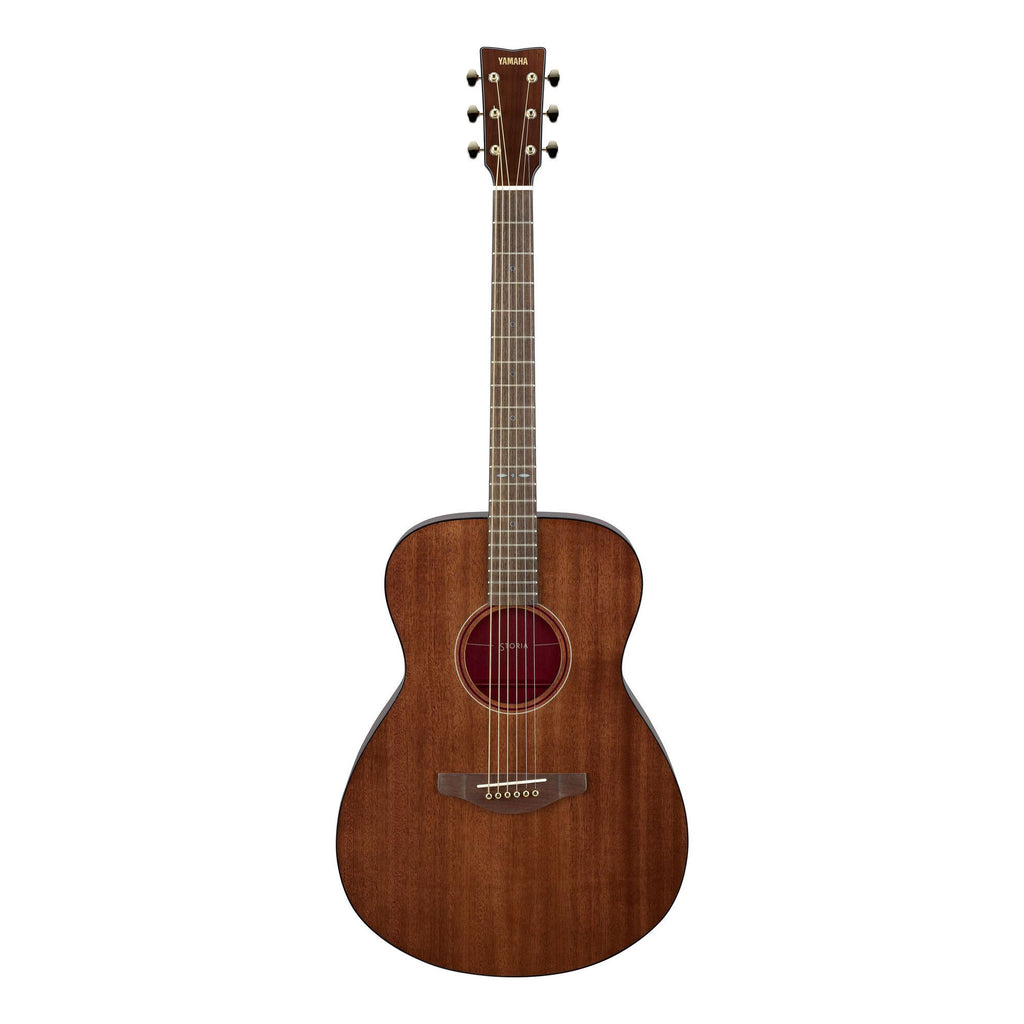 Yamaha Storia-III acoustic guitar with pickup in chocolate brown, showing the body and fretboard details.
