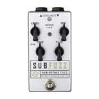 Cusack Music Sub Fuzz effects pedal, USA made, close-up of the compact black guitar pedal with control knobs and input jacks