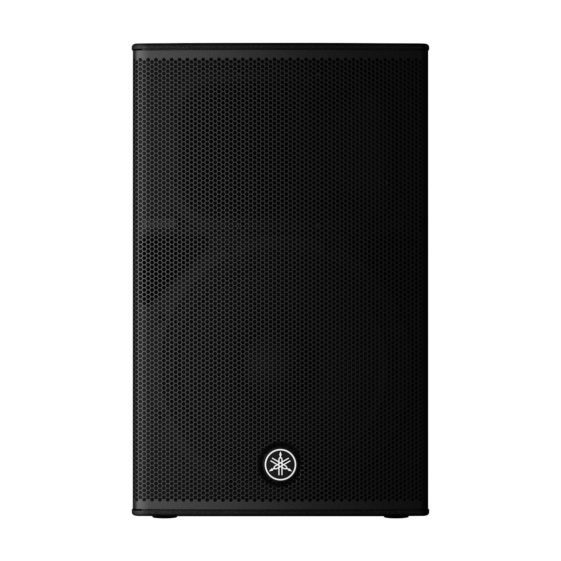 Yamaha DHR15 powered loudspeaker showing a large black speaker with control panel and handle, suitable for professional sound systems.