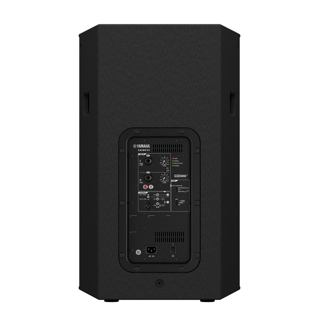 Yamaha DHR15 powered loudspeaker with front grille and control panel, designed for professional audio and live sound applications.