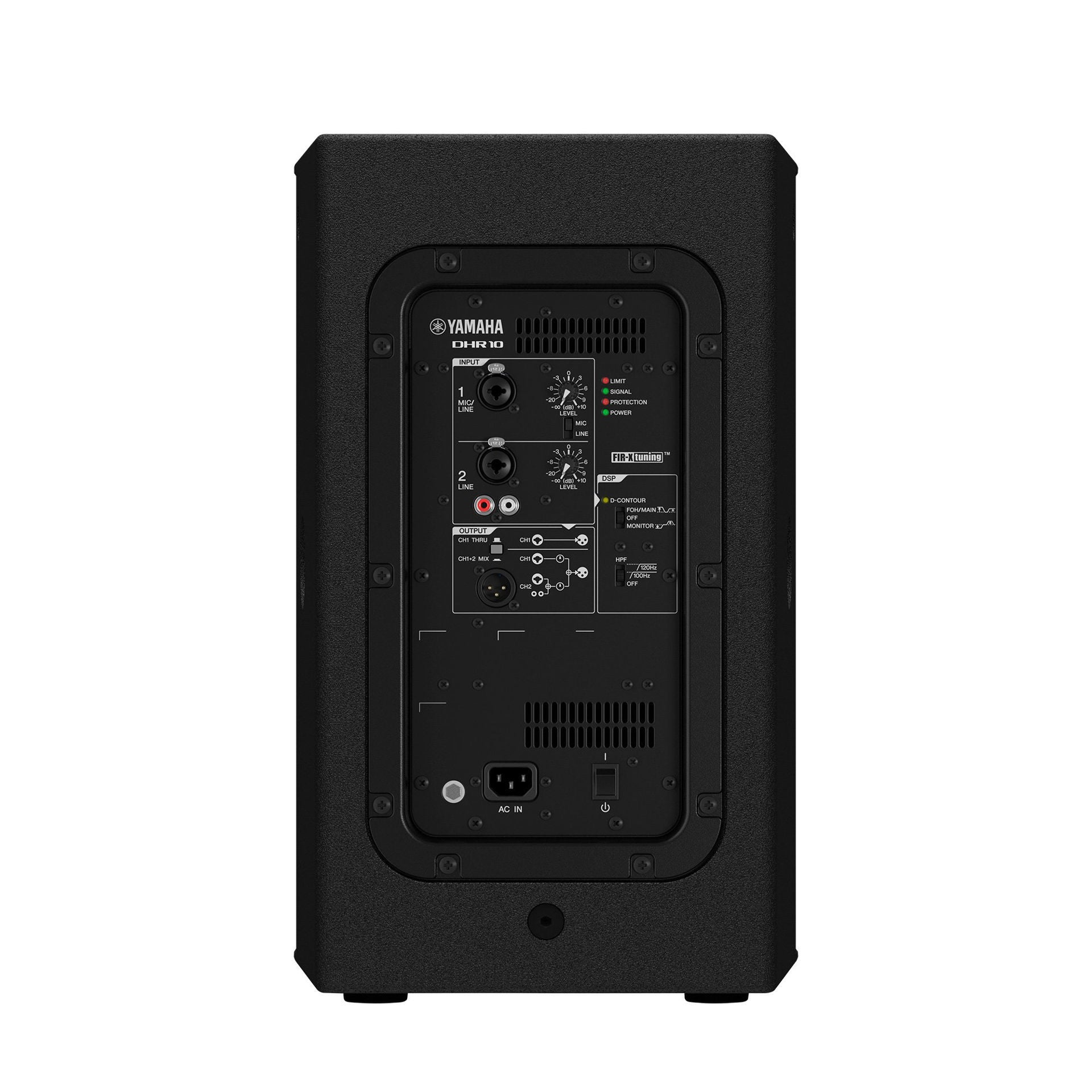 Yamaha DHR10 powered loudspeaker with black enclosure and control panel, designed for professional sound reinforcement.