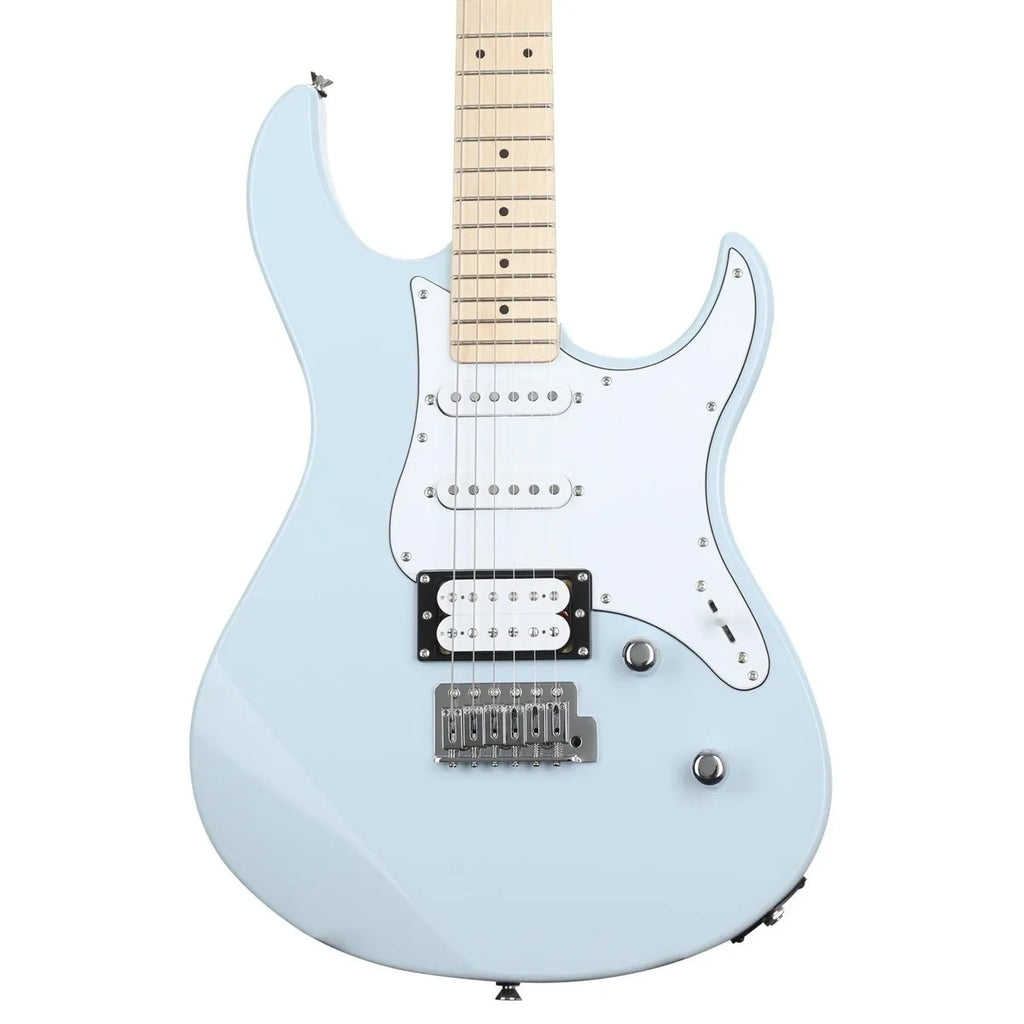 Yamaha Pacifica PAC112VM electric guitar in ice blue, showcasing its solid body, fretboard, and pickups.
