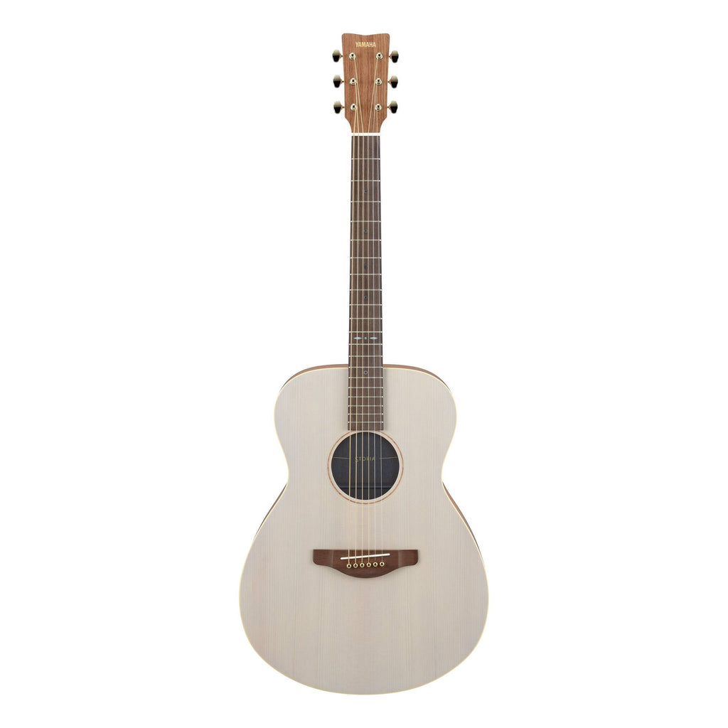 Yamaha Storia-I concert size acoustic guitar in off-white, showcasing its smooth body and wooden neck on a stand.