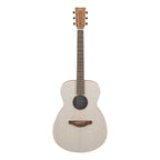 Yamaha Storia-I concert size acoustic guitar in off-white, showcasing its smooth body and wooden neck on a stand.